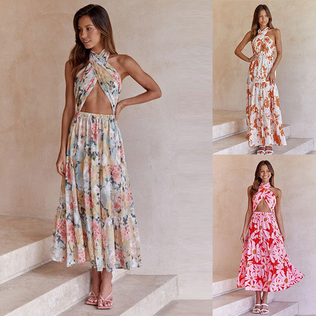 Kvinnors Långklänning Halterneck Mönstrad Polyester Elegant Fest Bröllop 2