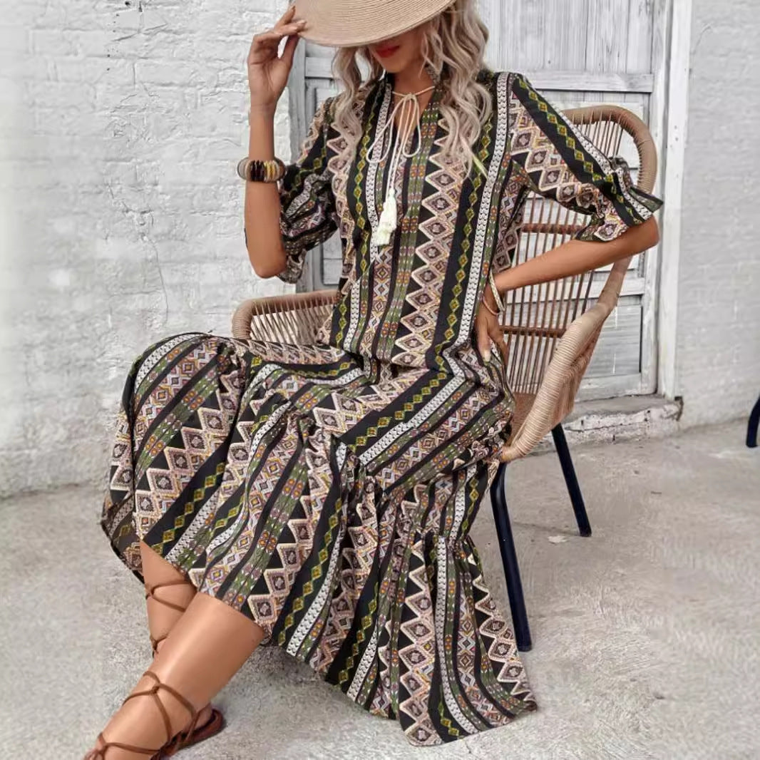 Fina Damklänningar A-Linje V-Ringning med Petalärmar i Polyester-4