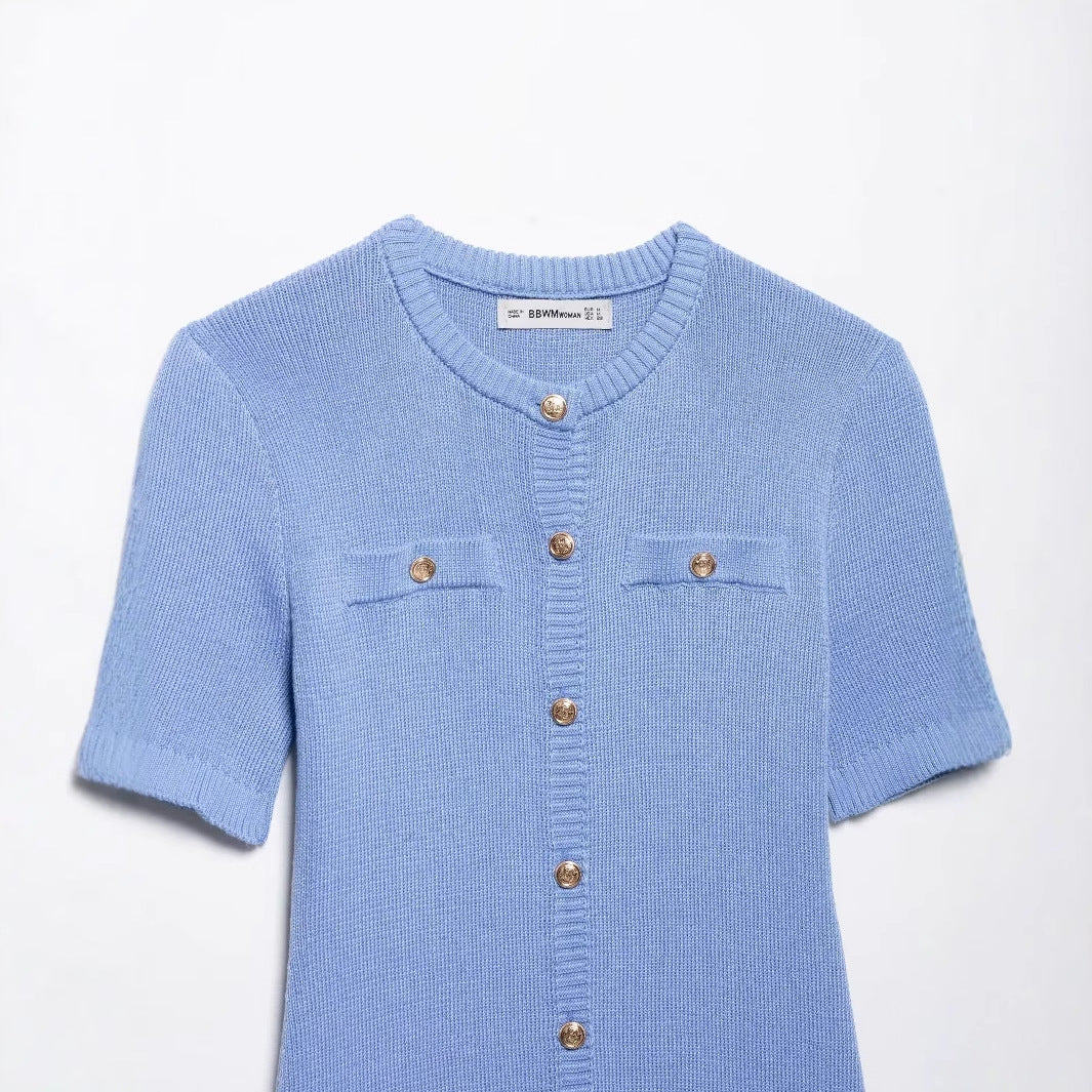 Kvinnors Stickad Klänning med Knappdetaljer och Fickor Andningsbart Material-3