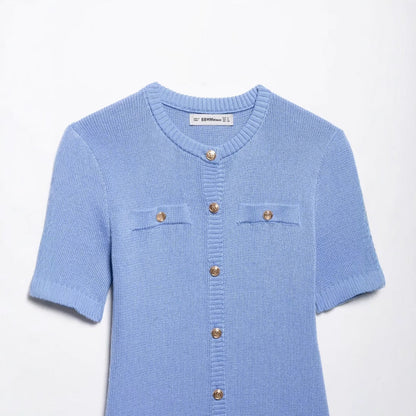 Kvinnors Stickad Klänning med Knappdetaljer och Fickor Andningsbart Material-3