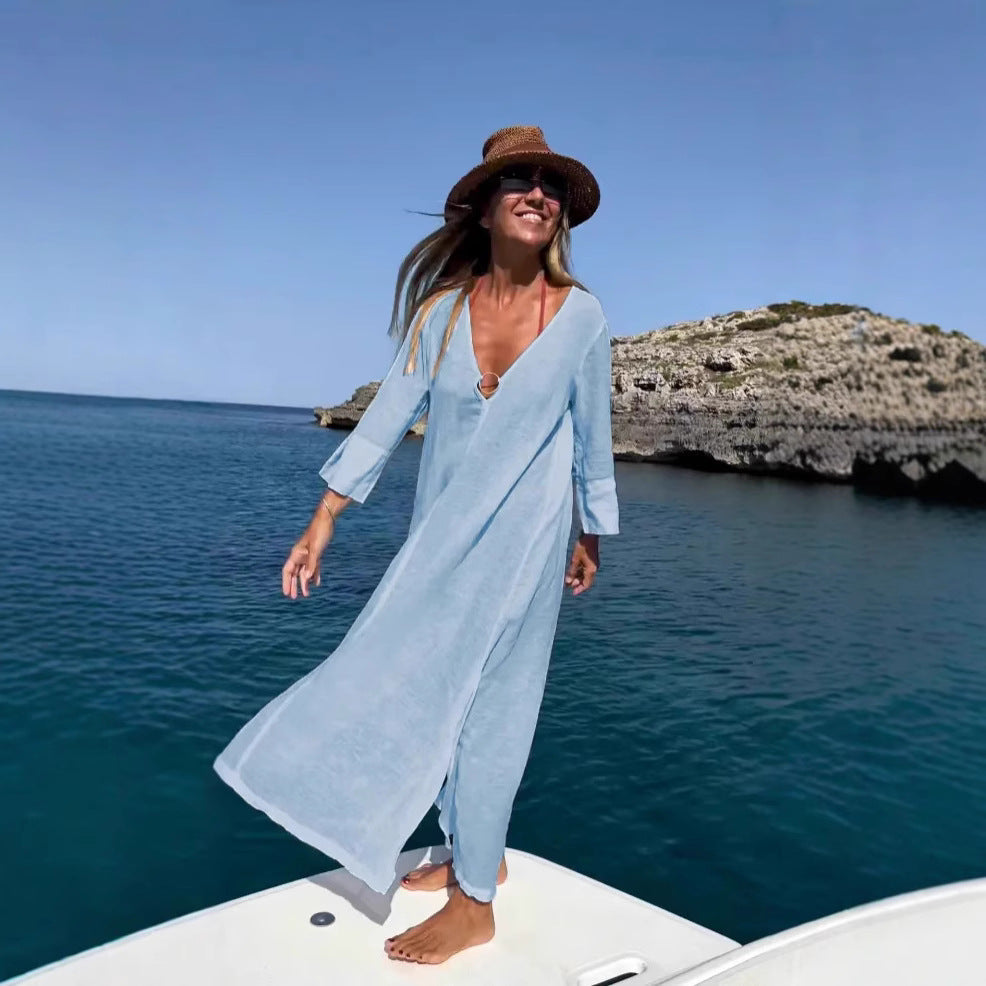 Dam Klänning Lång V-ringad Bomull Elegans-4