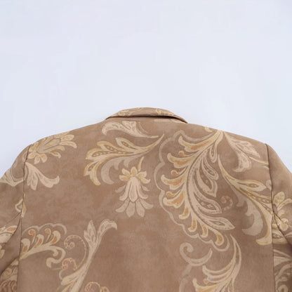 Dam Blazer Löst Vadderad Blommig Design med Reverskrage – Khaki, För Formella och Avslappnade Tillfällen 4