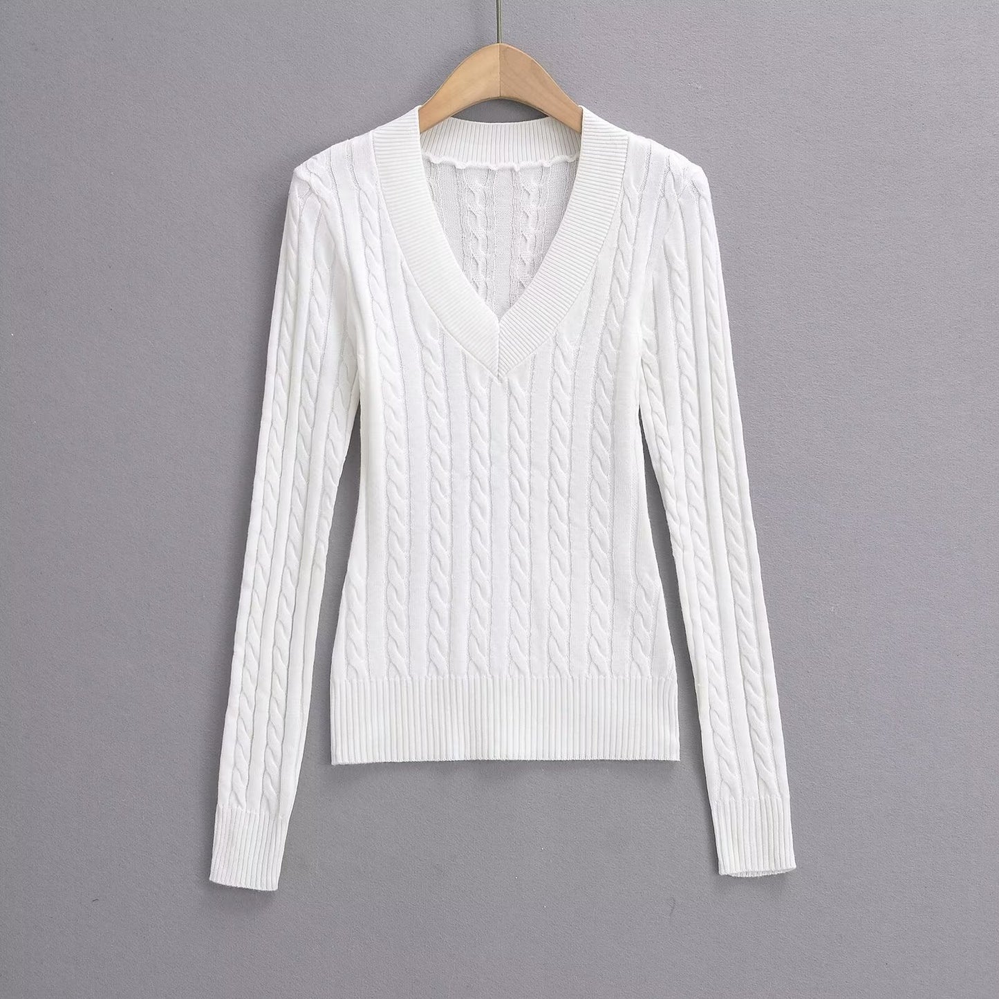 Dam Stickad Tröja V-ringning Kabelmönster Bomull Avslappnad Passform 4