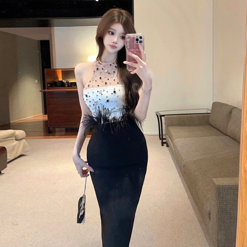 Dam Aftonklänning Lång Off-Shoulder Med Pärlor och Fjädrar-2