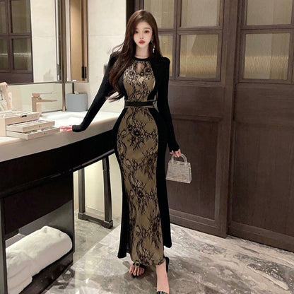 Damklänning Vintage Print Färgblock 100% Polyester-2