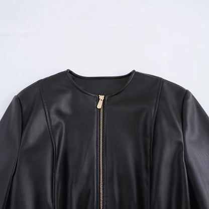 Damjacka Kort i Konstläder med Rundhals och Bekväm Passform-3