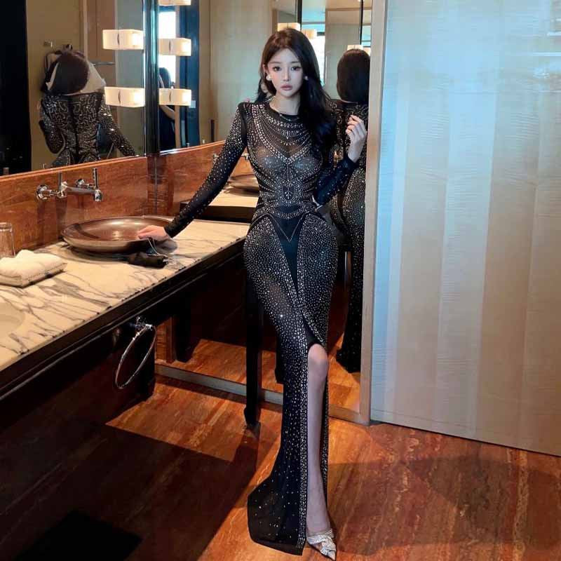 Maxiklänning Dam Med Mesh Och Rhinestones Lång Ärmar Elegant Slitsdesign 1