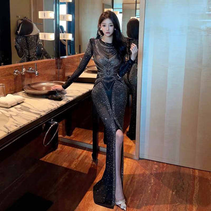 Maxiklänning Dam Med Mesh Och Rhinestones Lång Ärmar Elegant Slitsdesign 5