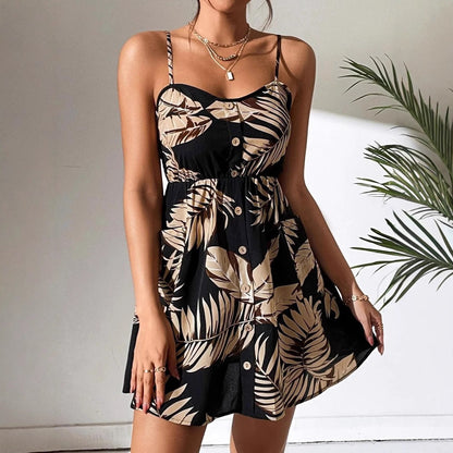 Damklänning Blommönster Elastisk Midja Polyester Ärmlös-6