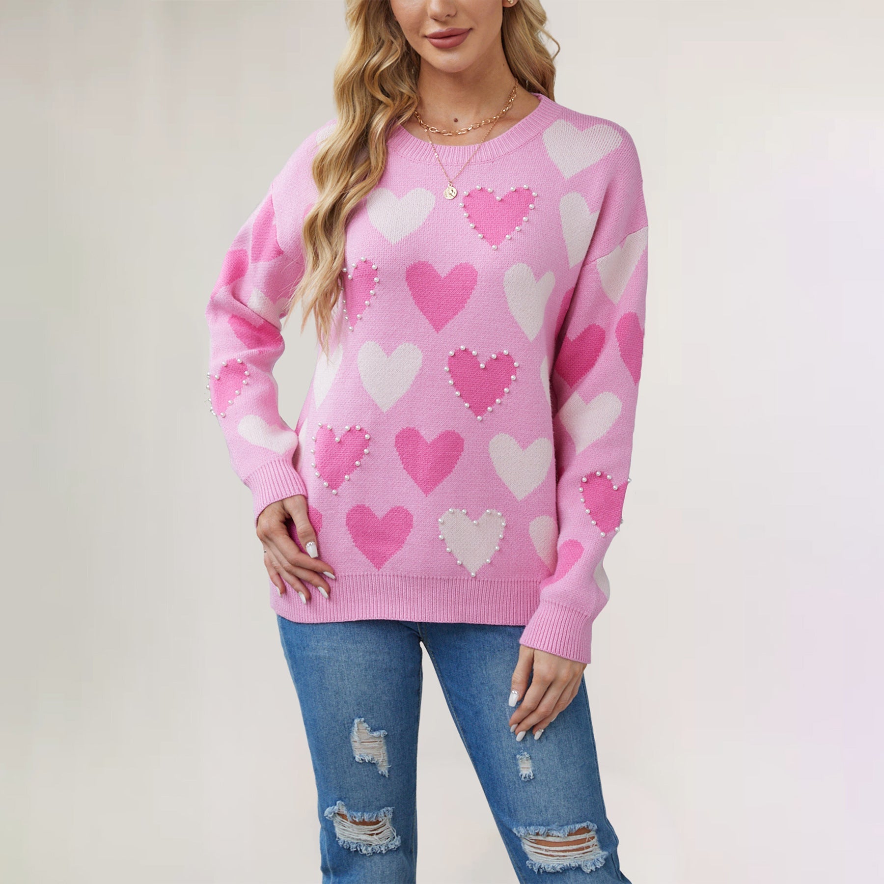 Dam Tröja Löst Sittande Hjärtdesign Viskos Nylon Polyester-2