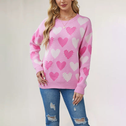 Dam Tröja Löst Sittande Hjärtdesign Viskos Nylon Polyester-2