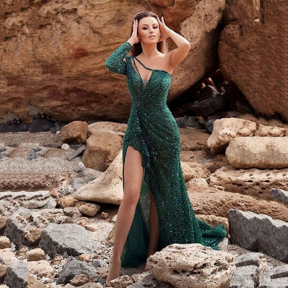 Dam Bodycon Klänning Enaxlad Lång Polyester för Fest och Bröllop-4