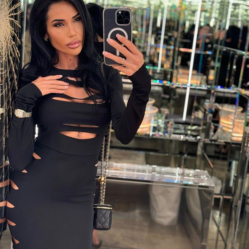 Kvinnors Långärmad Klänning Utskärningar Elastisk Blandning 2