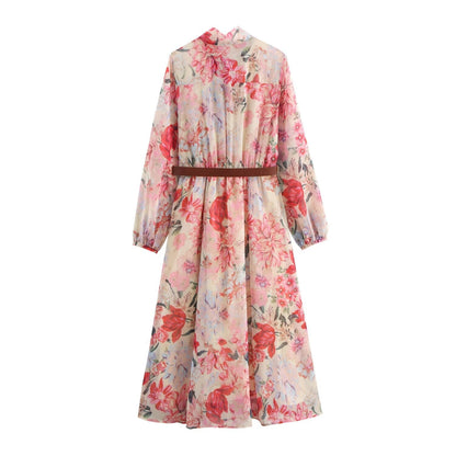 Kvinna Midi Klänning Blommigt Polyester A-linjeformad-3