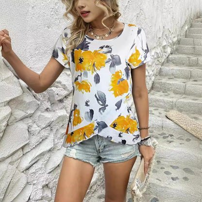 Dam T-shirt Blommig Kortärmad Polyester med Rynkade Detaljer-4