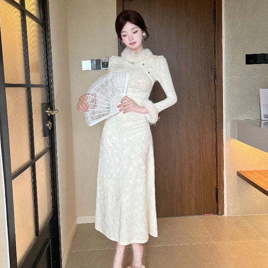 Kvinna Qipao Klänning Långärmad Slim Fit Polyester-1