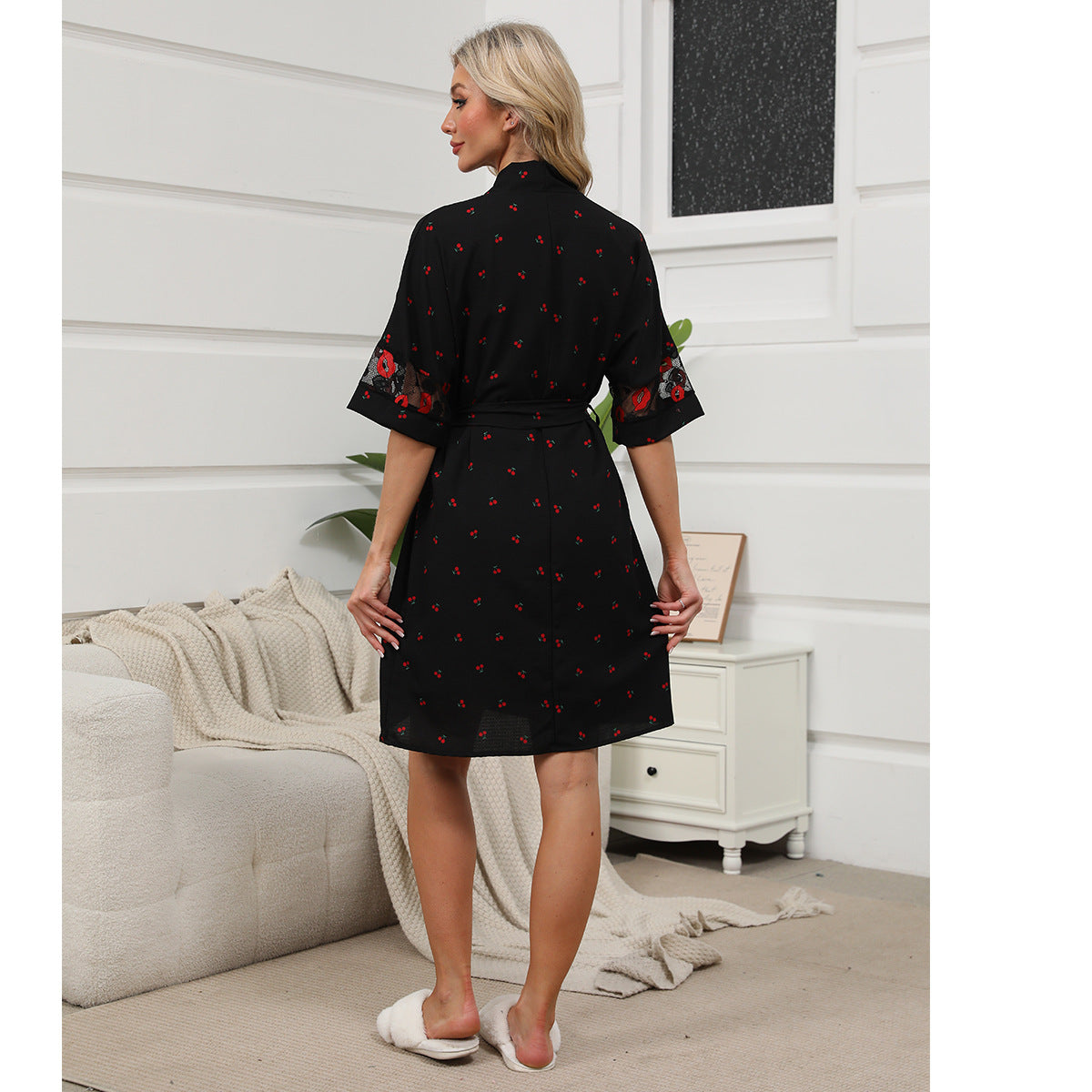 Dam Fritidspyjamas Set utan Krage och Ärmlös Design Mjuk Tyg med Körsbärsmönster-3