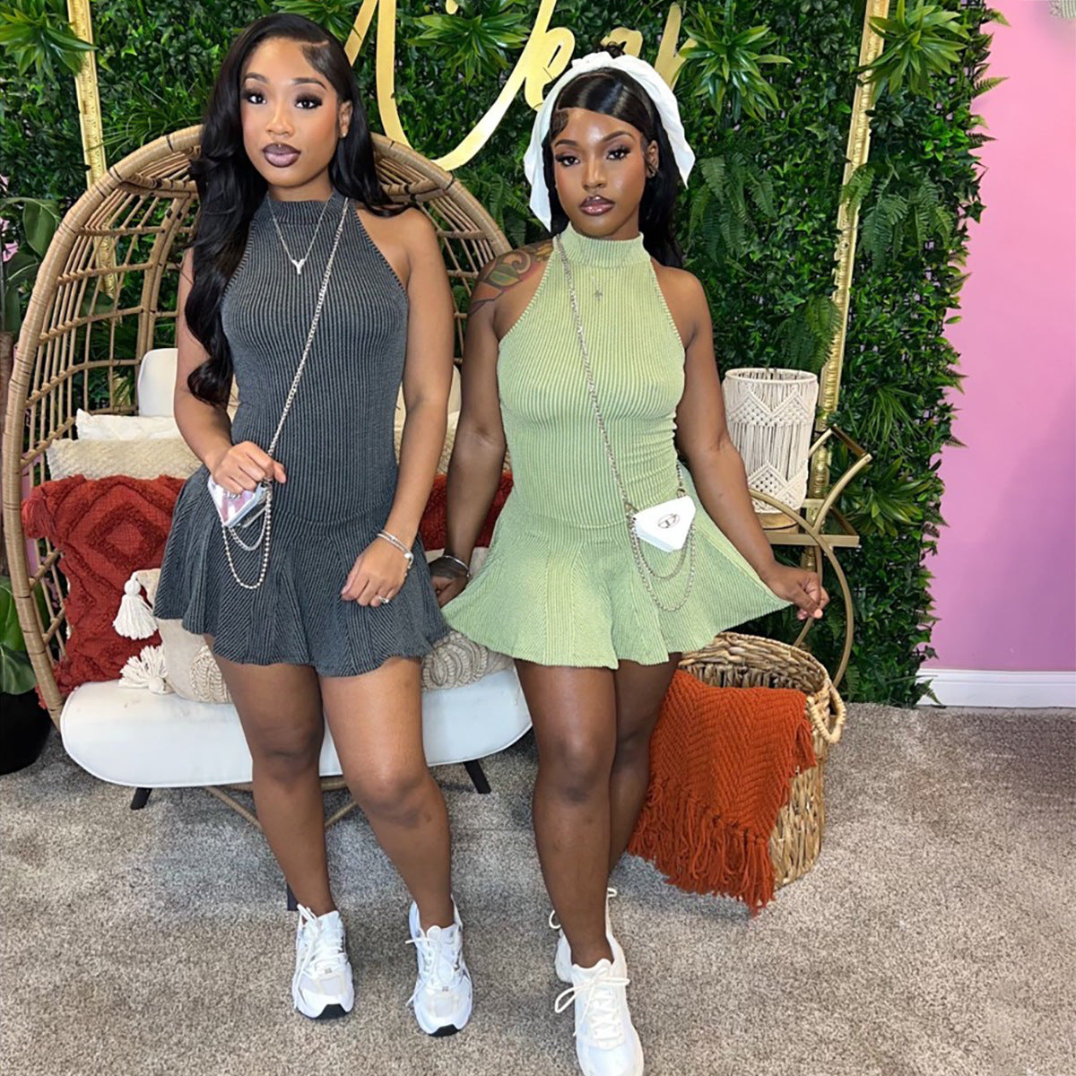 Damklänning Slim-Fit Ärmlös Ribbad Spandex Minikjol-3