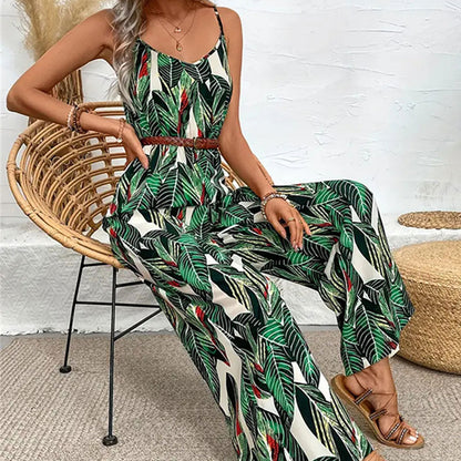 Dam Jumpsuit Avslappnad Passform i Andningsbart Material med Bladdesign-4