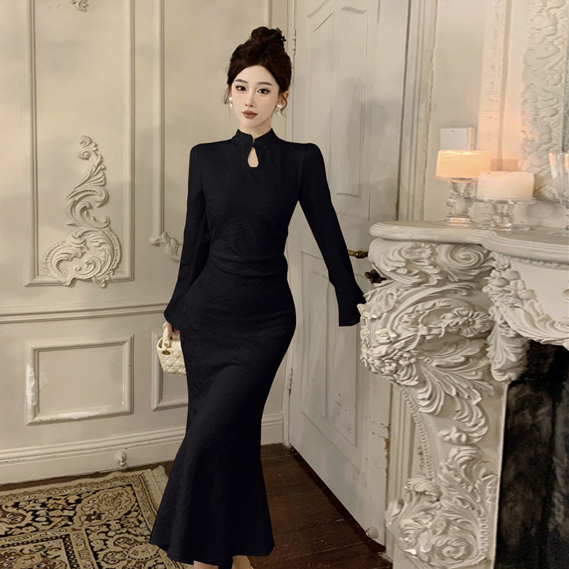 Variant image for Kvinna Lång Klänning Sjöjungfru Stil Ståkrage Högkvalitativt Tyg-7