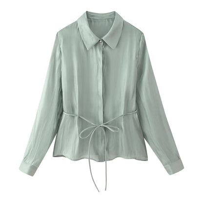 Dam Skjorta med Snörning och Glänsande Effekt i Polyester-1