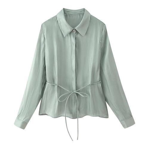 Dam Skjorta med Snörning och Glänsande Effekt i Polyester-1