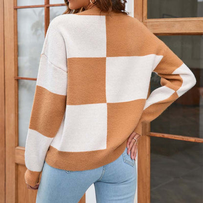 Dam Rutig Sticktröja Långärmad Blandat Tyg-2