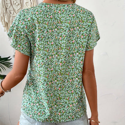 Dam Skjorta Löst Snitt Blommig Polyester V-ringning Korta Ärmar-4