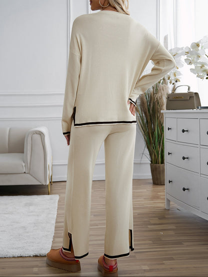 Dam Set Stickad Topp och Byxor i Akryl Kontrastfärg-3