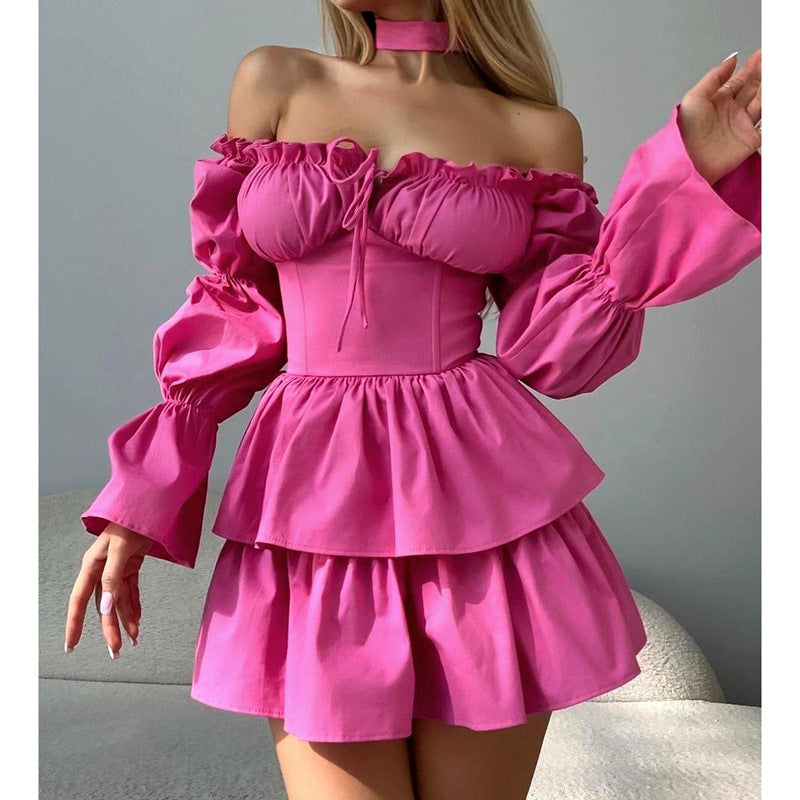 Kvinnors Off-Shoulder Klänning Flödande Ruffles Högkvalitativt Tyg 3