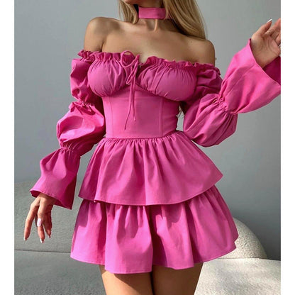 Kvinnors Off-Shoulder Klänning Flödande Ruffles Högkvalitativt Tyg 3