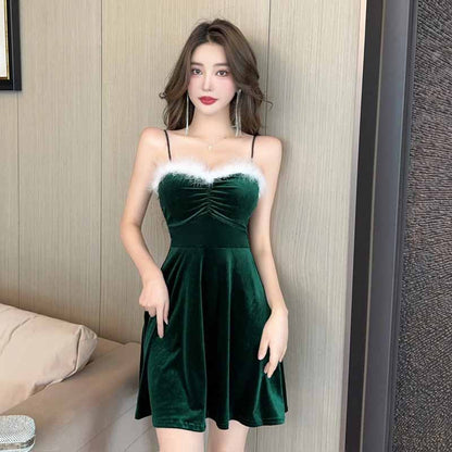 Fina Dam Klänningar Off Shoulder Sammet Kort Kjol Spaghetti Strap-4