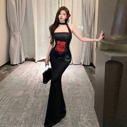 Dam Bodycon Klänning Fiskstjärt Rosblommor Polyester Elastan-3