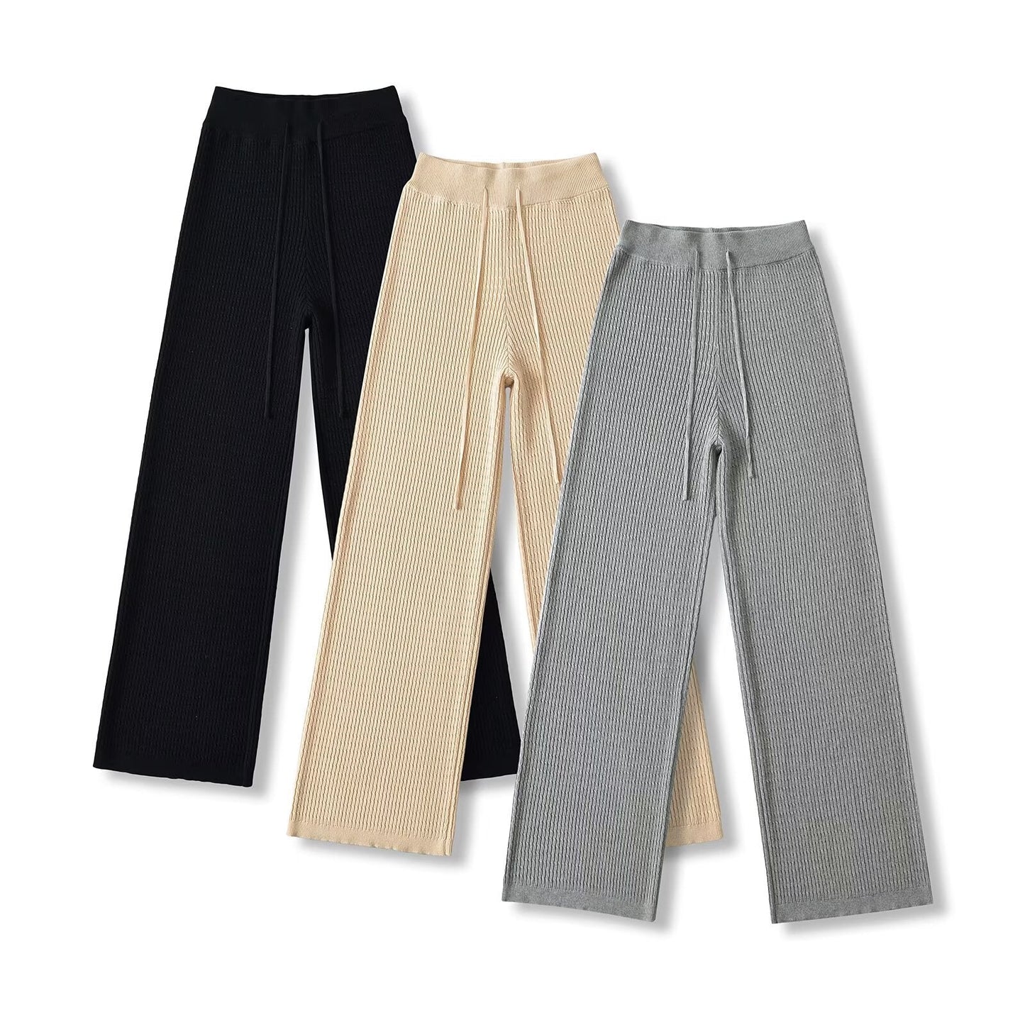 Kvinnors Bredbyxor Av Stickat Material Med Hög Midja-2