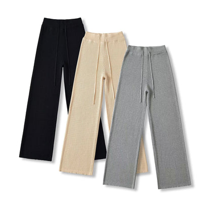 Kvinnors Bredbyxor Av Stickat Material Med Hög Midja-2