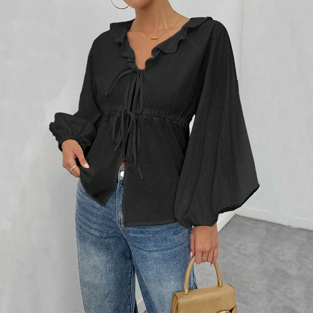 Dam Blus med Voluminösa Ärmar och Ruffle Detalj i Mjukt Material 2