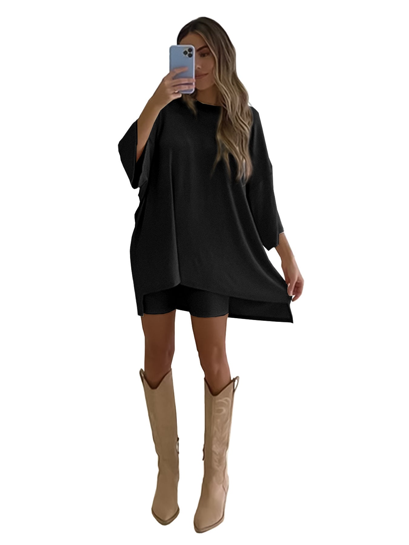 Dam T Shirt Monokrom Smal Passform Trekvartsärmar 100% Bomull-1