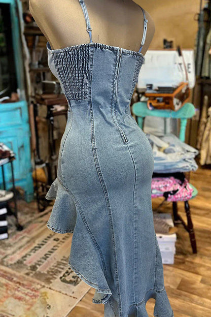 Damklänning Oregelbunden Denim med Rynkor Spandex Lång-5