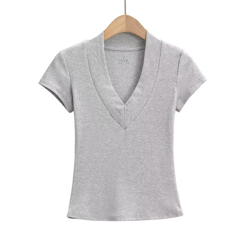 V-ringad Ribbad Topp för Dam i Bomullsmix – Perfekt Festtoppar och Vardagstopp 1