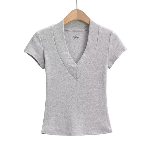 V-ringad Ribbad Topp för Dam i Bomullsmix – Perfekt Festtoppar och Vardagstopp 1