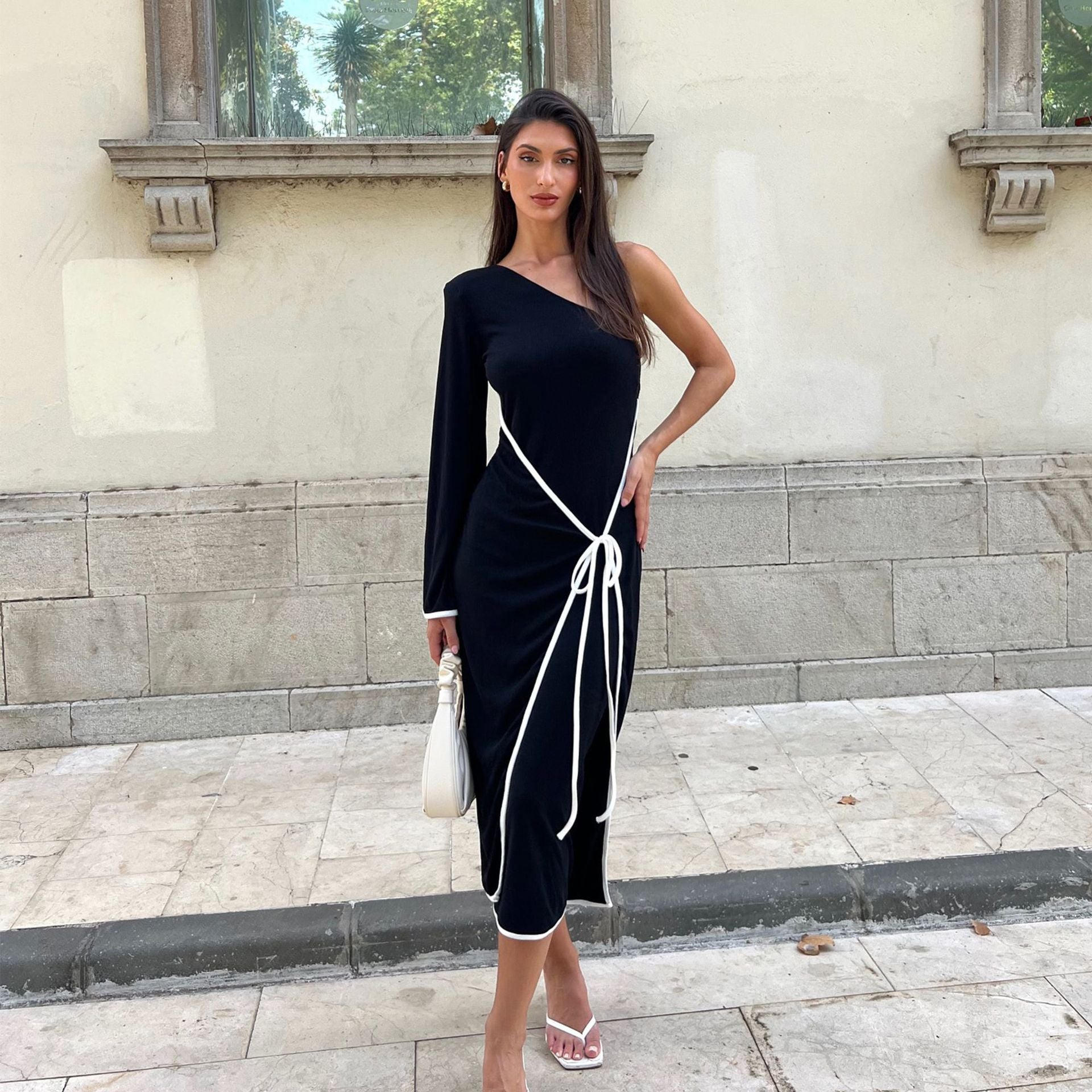 Asymmetrisk En-Axel Klänning i Mjuk Polyester – Elegant Design för Fest och Tillfällen, Maskintvättbar 1