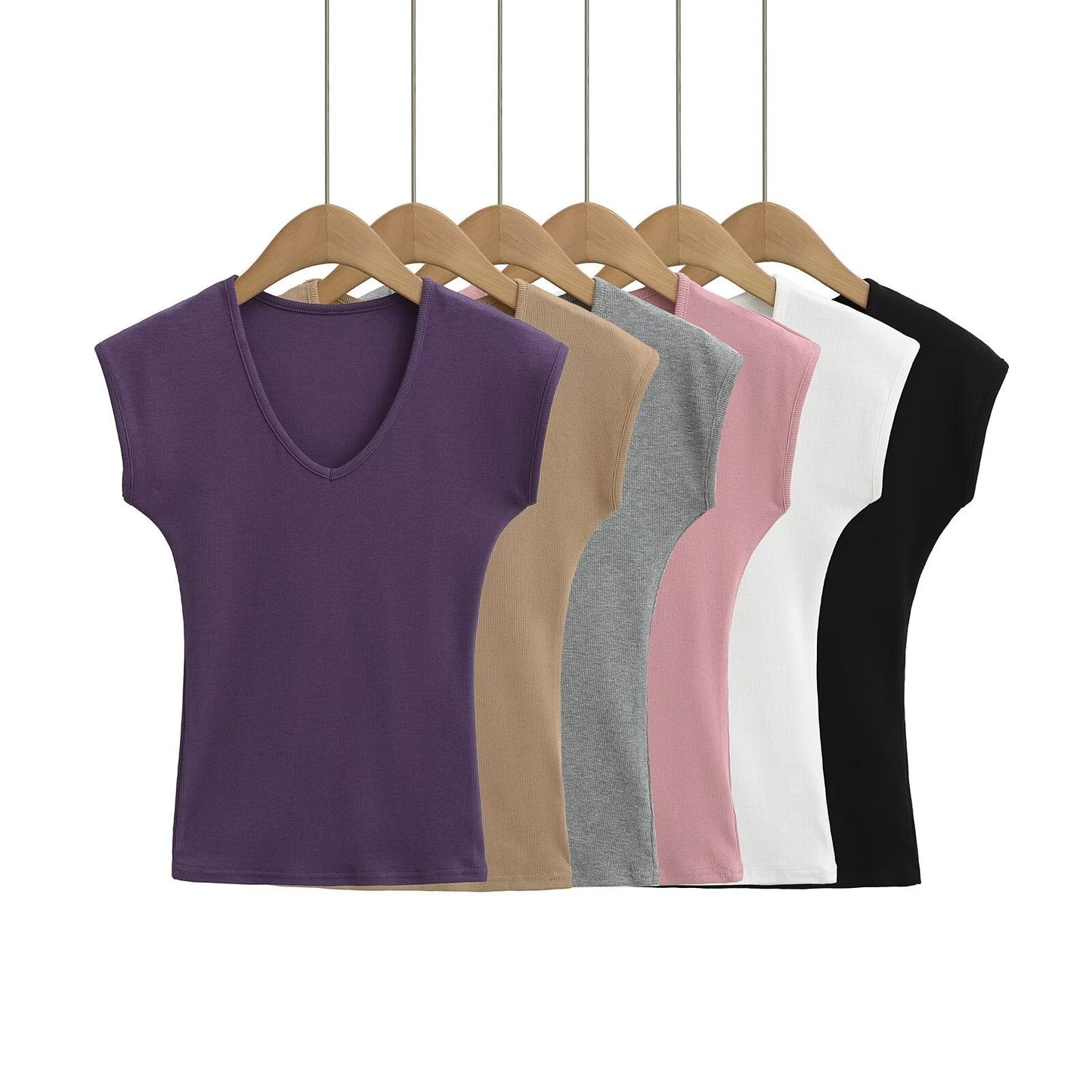 Kvinnors V-ringad Topp Ribbad Andningsbar Material-2