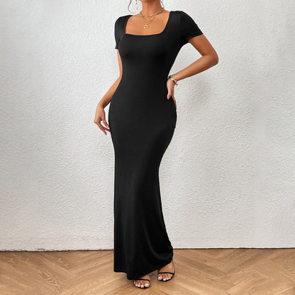 Maxiklänning für Damen mit Fyrkantig Halsringning und Korten Ärmar – Elastiskt Tyg für Stil und Komfort 2