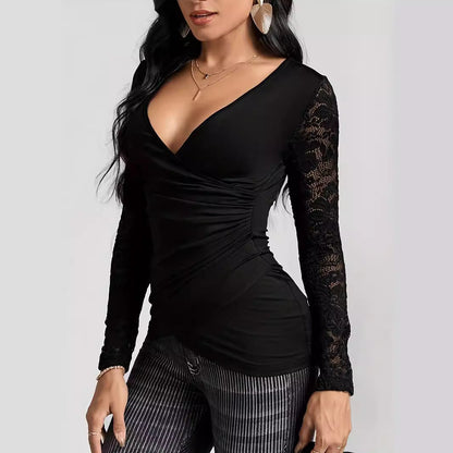 Dam Långärmad T-shirt Slim Fit Rayon med Överlappande Krage-2