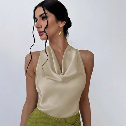 Dam Ärmlös Kamisol Halterneck Satin Rynkad-2