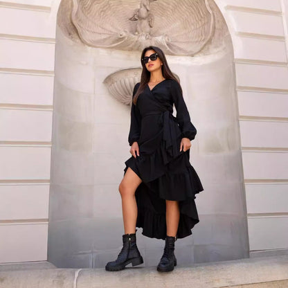 Damklänning Asymmetrisk Maxi Polyester Elegant Långärmad-1