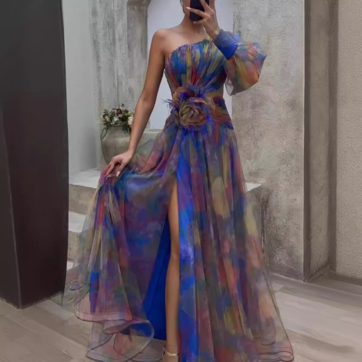 Maxi Klänning Dam Asymmetrisk Blommig Polyester Långa Ärmar-5