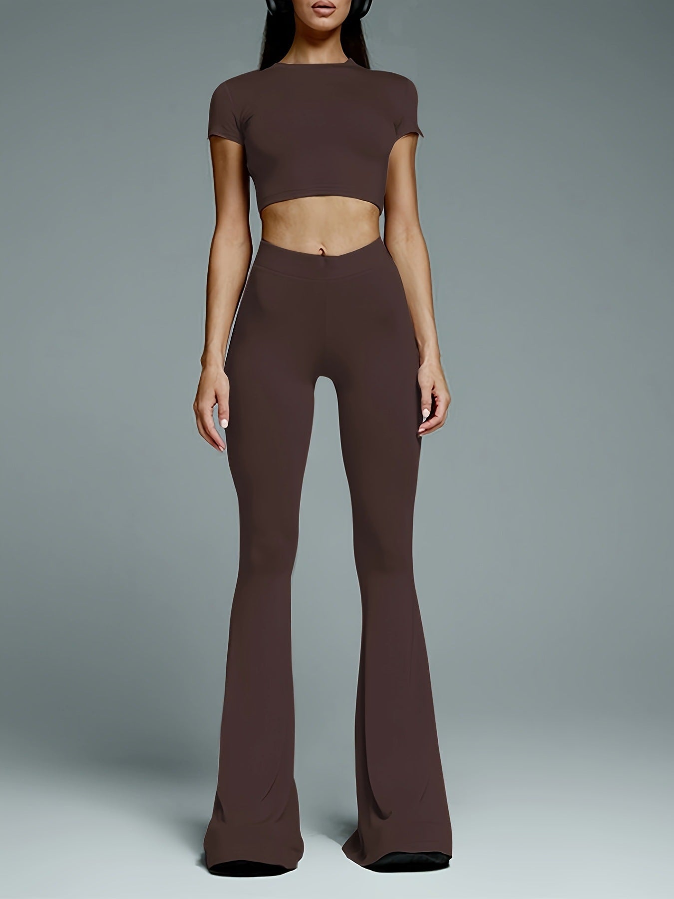 Kostym Set Dam Högmidjade Byxor och Crop-Top Polyester Trekvartsärmar 9