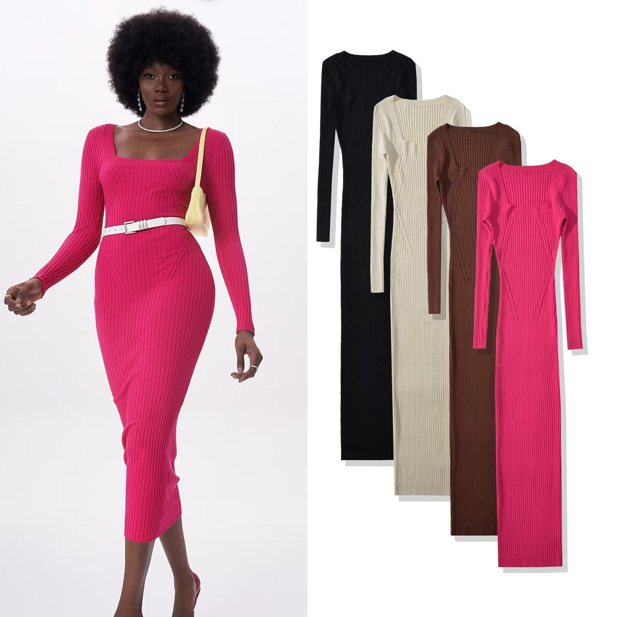 Eleganta Stickade Damklänning med Lång Ärmar och Lång Kjol – Mjuk Akryl och Modern Design 2