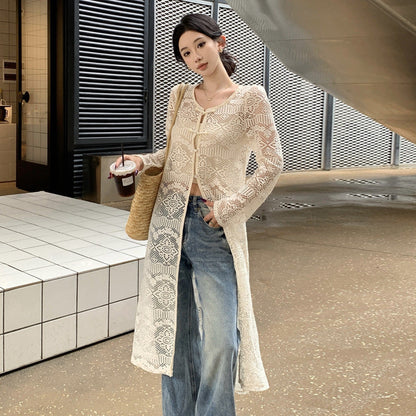 Dam Klänning Midi Rund Nacke Spetsdesign Lång Ärmar Högkvalitativt Tyg-1